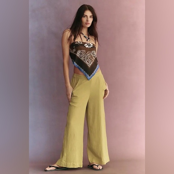 Free People Pants - Free People Free-est Yellow/Green Linen Blend Wide Leg Pants Pants, Size XL